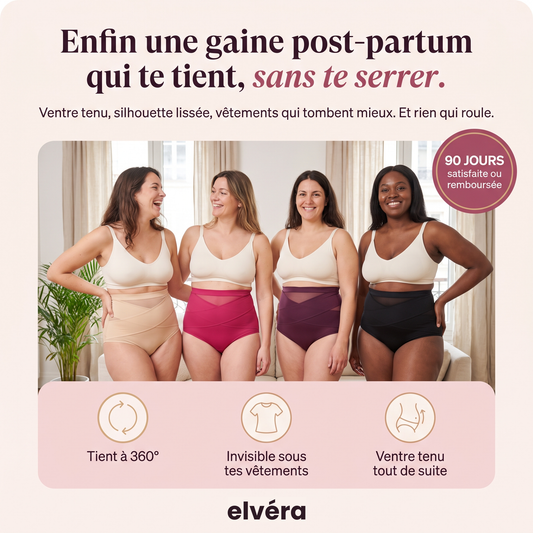 Quatre mamans portent la gaine post-partum Elvéra : enfin une gaine qui te tient, sans te serrer
